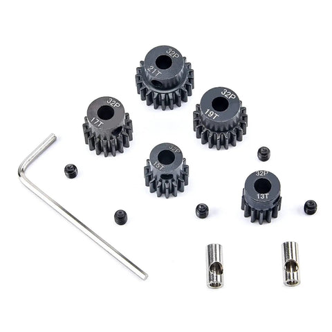 Beefed-Up Hardened Metal RC Pinion Gear Set, 32P, 5mm Inner With 3.175mm Coupler, Includes 13T 15T 17T 19T 21T, gear pieces and tool shown