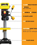 8 Inch Drill Press With Laser Guide, 2.3 Amp 5 Speed Bench Drill Press, Cast Iron Worktable, front view with features labeled