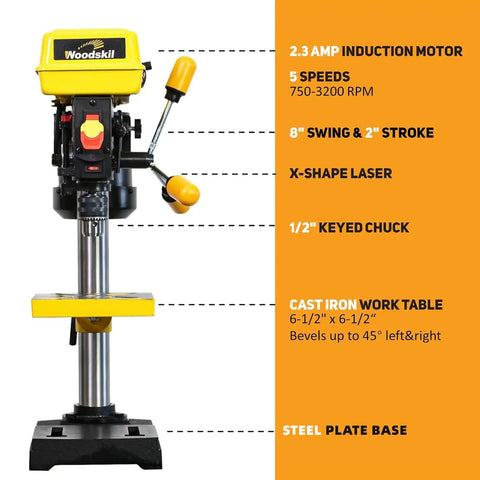 8 Inch Drill Press With Laser Guide, 2.3 Amp 5 Speed Bench Drill Press, Cast Iron Worktable, front view with features labeled