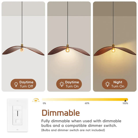 33.4" Large Wood Pendant Lights in walnut finish showing dimming features for Kitchen Island, Bedroom, Living Room, Nursery.
