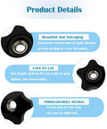 Set of four black plastic star knobs with 3/8-16 through-hole threads; front and side views.