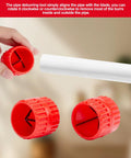 Pipe deburring tools, red plastic; two pieces shown beside a PVC pipe
