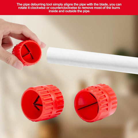 Pipe deburring tools, red plastic; two pieces shown beside a PVC pipe