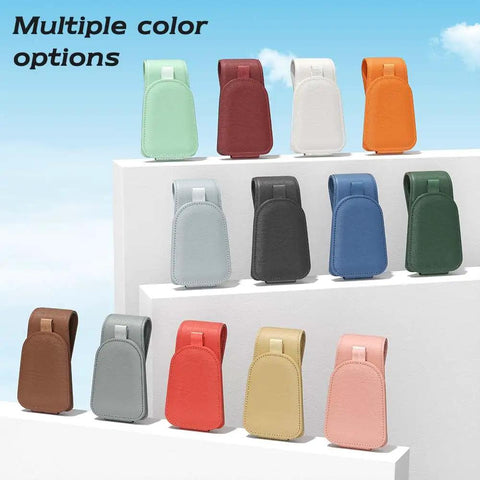 Premium Magnetic Sunglass Holder for Car Visor 2 Pack Soft Faux Leather Eyeglasses Clip in various colors displayed on stands.