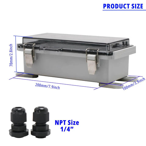 Small Outdoor Waterproof Junction Box Enclosure IP67 With Transparent Cover For Electrical Projects, side view, 7.9x3.9x2.8 inches