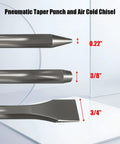 Pneumatic Taper Punch And Air Cold Chisel Three Piece Set showing pointed, rounded, and flat tips with size annotations.