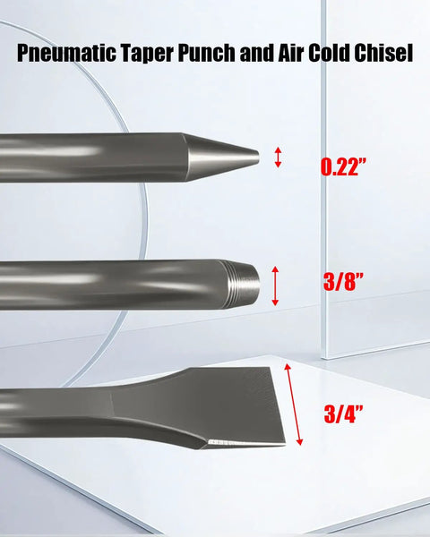 Pneumatic Taper Punch And Air Cold Chisel Three Piece Set showing pointed, rounded, and flat tips with size annotations.