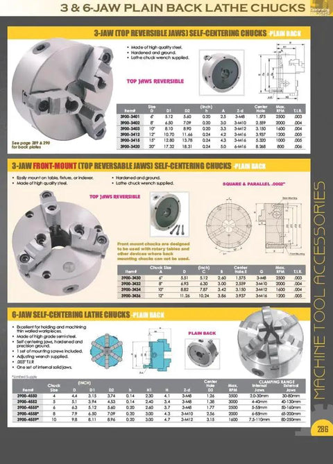 Catalog page of 3 and 6 jaw self-centering lathe chucks with diagrams and specifications for each product.