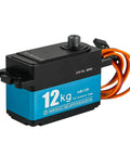 Heavy Duty Digital Servo Boasting Full Metal Gears And Badass 12Kcm Torque For Rc Vehicles in blue and black waterproof aluminum case.