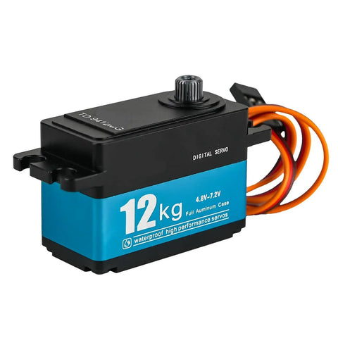 Heavy Duty Digital Servo Boasting Full Metal Gears And Badass 12Kcm Torque For Rc Vehicles in blue and black waterproof aluminum case.