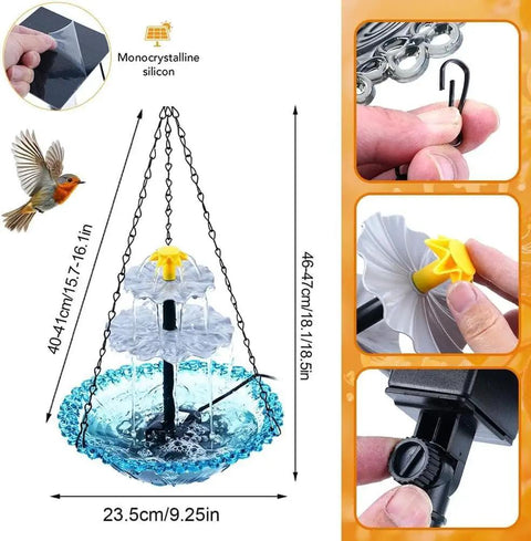 Solar Cascade Hanging Bird Bath Fountain With Solar Pump And Bowl showing setup steps and dimensions.