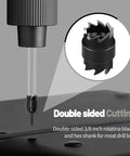 Close-up of Double Sided Spot Weld Cutter Set Three Eighths Inch HSS Remover Bit with hex shank attached to power drill.