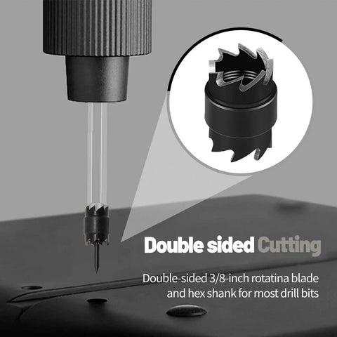 Close-up of Double Sided Spot Weld Cutter Set Three Eighths Inch HSS Remover Bit with hex shank attached to power drill.