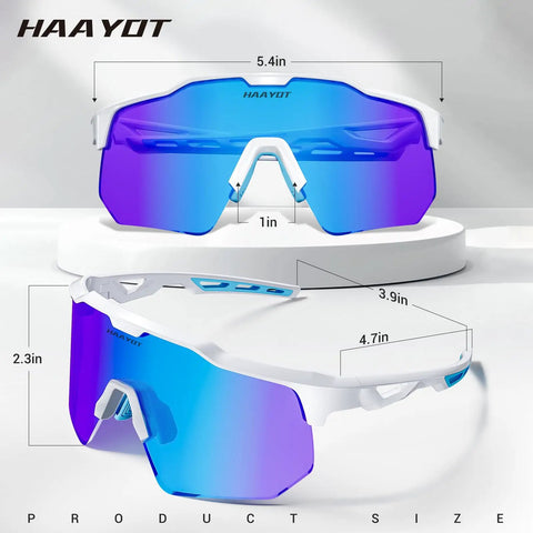 Top and side view of Polarized Sports Sunglasses With Five Interchangeable UV400 Lenses For Men Women And Youth For Running Cycling Baseball Fishing Hiking And Driving Includes Color Lenses For Sunny Or Cloudy Polarized Black Yellow Night And Light Blue Fog Clear.