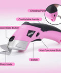 3.7V Cordless Electric Scissors Fast Cutting Fabric Cutter For Carpets Cardboard Leather With Dual Blades And Charging Cable Perfect DIY Sewing Tool Lightweight Handheld Design Easy To Use Powerhouse Pink showing sharp blade and handle features.