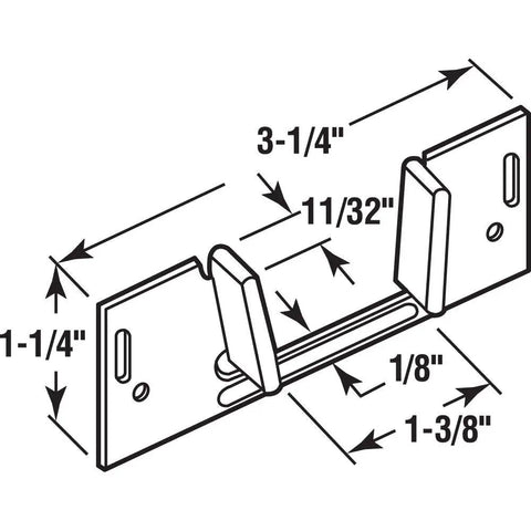 Diagram of Sliding Pocket Door Bottom Guide 1-3/8 Inch by 1-1/4 Inch Steel with dimensions and plastic guides