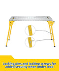 Hella Badass Portable Welding Table With Adjustable Height And Three Angle Positions Folding Workbench On Wheels features locking pins for security.