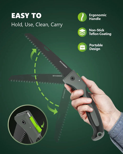 7 Inch Folding Hand Pruning Saw For Camping And Outdoors Beefy Heavy Duty Foldable Wood Cutting Tool with ergonomic handle in use