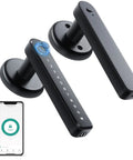 4 In 1 Fingerprint Door Lock With App Control, Password Access, Backup Key, And Keyless Entry, black smart door knob and phone app display.