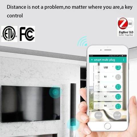 Top Shelf ZigBee Smart Power Strip Packing Four Independently Switched Outlets Plus Two Rapid Fire USB Ports For Dead Simple Alexa And Smart Home Integration With Heavy Duty Surge Protection displayed on a smartphone app.