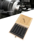 Front view: 5-piece carbide turning tool set with 3/4 inch indexable tools and 60/75/90 inserts in a wooden box