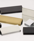 Collection of Emtek Edge 8 Inch Center To Center Finger Cabinet Pull 87130US4 in various finishes and colors displayed.