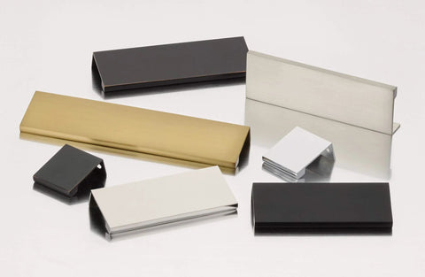 Collection of Emtek Edge 8 Inch Center To Center Finger Cabinet Pull 87130US4 in various finishes and colors displayed.