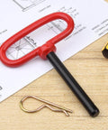 Three Eighths Inch Trailer Hitch Pin And Clip With Red Handle, Beefed Up Four Inch Length, Heavy Duty High Strength Steel