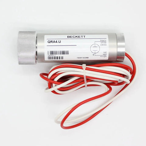Top Shelf Flame Detector Fire Safety Sensor Heavy Duty Industrial Grade Factory New Sealed QRA4.U with red and white wires.