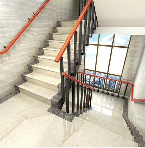 Heavy Duty Metal Iron Spindles For Indoor Stair Railing And Deck Balusters Featuring Hella Solid Square Shape and Quick Screw Install Kit viewed in modern stairway.