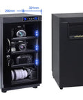 Ultra Cool 50L Digital Electric Camera Lens Drying Cabinet Box With LCD Screen showcasing cameras and lenses in three shelves.