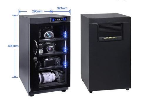 Ultra Cool 50L Digital Electric Camera Lens Drying Cabinet Box With LCD Screen showcasing cameras and lenses in three shelves.