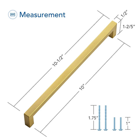 10 Pack Square Cabinet Pulls 10 Inch Brushed Brass Gold Kitchen Cabinet Handles with measurement details and screws shown