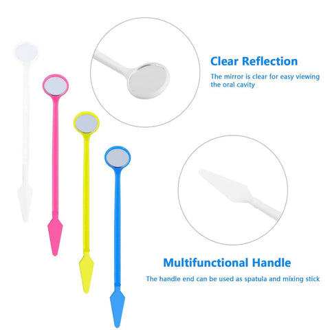 Disposable Plastic Dental Mirrors Set For Teeth Inspection, 40 curved angled plastic mouth mirrors in white pink yellow blue