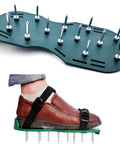 Lawn Aerator Shoes With Spikes For Heavy Duty Yard Work Four Adjustable Straps For Easy Secure Fit, green plastic construction.