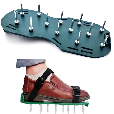 Lawn Aerator Shoes With Spikes For Heavy Duty Yard Work Four Adjustable Straps For Easy Secure Fit, green plastic construction.