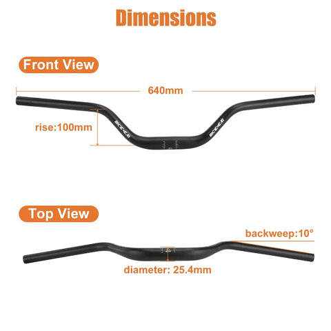 Aluminum 25.4mm Mountain Bike Handlebar 640mm Long 100mm Rise 10 Degree Backsweep Ergonomic Rise Bar dimensions