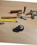 Heavy Duty Folding Barn Door Hardware Kit With Silent Bearing Casters Runs Dead Quiet Sliding Roller System For Closet Wardrobe, tools laid out on wood.