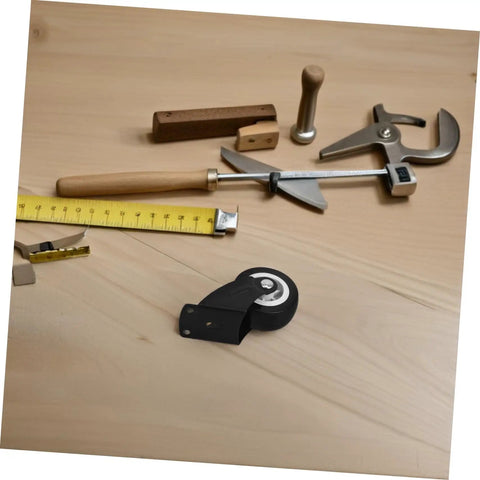 Heavy Duty Folding Barn Door Hardware Kit With Silent Bearing Casters Runs Dead Quiet Sliding Roller System For Closet Wardrobe, tools laid out on wood.