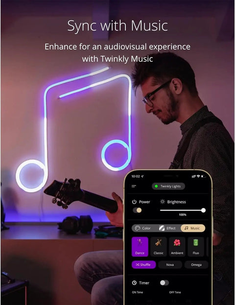 Man playing guitar with 6.5ft RGB LED Strip Tube Flexible With 16M Colors, USB C Powered, App Controlled Lighting, glowing music note.