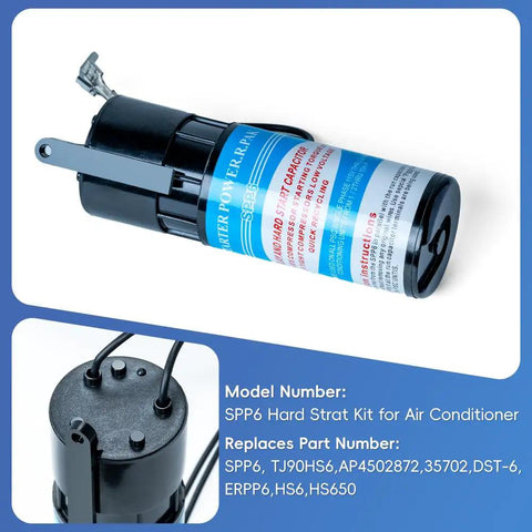 SPP6 Hard Start Kit for Air Conditioners, cranks up 500% starting torque, 115V to 277V universal capacitor for AC compressors.