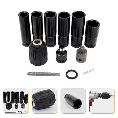 Beefy Impact Wrench Socket Set Made From Gnarly Chrome Vanadium Steel For Ruff Garage Jobs Includes 14, 17, 18, 19, 21, 22 mm sizes and adapters.