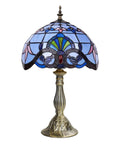 Tiffany Style Blue Stained Glass Table Lamp Vintage Accent Light For Bedroom Living Room Or Home Office 12x12x19 Inches Includes 2 LED Bulbs Handcrafted Glass Shade Adds Warm Ambience And Classic Charm