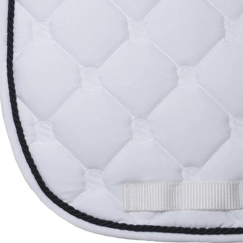 Close-up of Quilted Contoured Dressage Pad with braided trim, elegant stitch pattern in white, smooth arena performance feature.