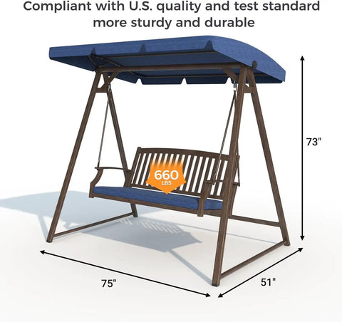 Two Seat Patio Swing With Adjustable Tilt Canopy Outdoor Porch Swing Farmhouse Style With Removable Cushions Dark Blue Smooth Gentle Motion From Heavy Duty Springs And Reinforced Bottom For Cozy Outdoor Chill with dimensions shown