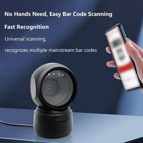 1D 2D QR Barcode Scanner with Buzzer and LED Indicator scanning a phone on a desktop, omnidirectional reader for retail use