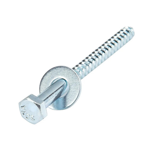 Heavy Duty One Quarter Inch By Three Inch Lag Bolts Set With 100 Pieces Lag Screws And 100 Pieces USS Flat Washers Zinc Plated Carbon Steel Outdoor Wood Fasteners With Deep Sharp Threads And Hex Heads For Decks Fences And Woodworking Projects close-up view of zinc-plated bolt.