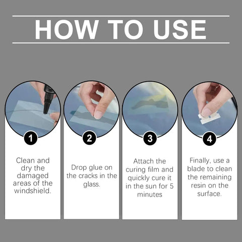 Upgraded Windshield Crack Repair Kit With Advanced Glass Repair Liquid instructions for fixing chips and cracks.