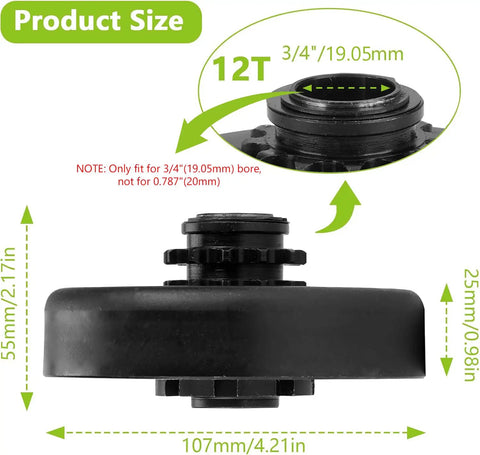 Side view of 12 Tooth Centrifugal Clutch With Three Quarters Inch Bore For 2 To 6.5 HP Engines dimensions labeled