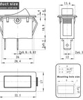 Technical diagram of Beefy SPST Rocker Switch 2 Pin 16A 125V Or 12A 250V Push Button Control, showing dimensions and mounting details.